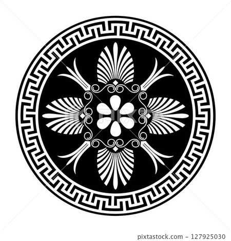 Greek round ornament. Black and white pattern on a white background. Greek pattern. Patterns of Greece and ancient Rome. Circle european border. Typical egyptian, assyrian, greek motives. For ceramics Greek round ornament. Black and white pattern on a white background. Greek pattern. Patterns of Greece and ancient Rome. Circle european border. Typical egyptian, assyrian, greek motives. For ceramics 127925030