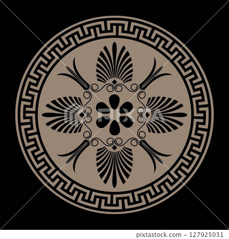 Greek gold round ornament on a black background plate with pattern in center. Pattern of Greece, ancient Rome. Geometric element for design, for textile, embroidery, porcelain, engraving, ceramics. Greek gold round ornament on a black background plate with pattern in center. Pattern of Greece, ancient Rome. Geometric element for design, for textile, embroidery, porcelain, engraving, ceramics. 127925031