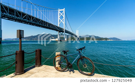 藍天背景上的藍色自行車 127925049