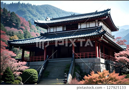 Five-story pagoda surrounded by cherry blossoms 127925133