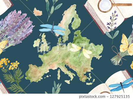Map of Europe surrounded by dragonflies, lavender, herbs, book, magnifying glasses on a dark background. Watercolor art Ideal for travel branding, nature blogs, educational projects, eco packaging Map of Europe surrounded by dragonflies, lavender, herbs, book, magnifying glasses on a dark background. Watercolor art Ideal for travel branding, nature blogs, educational projects, eco packaging 127925135