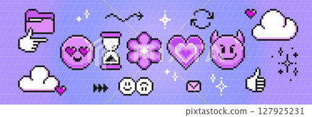 Pixel art emoticon set with purple smiling face Pixel art emoticon set with purple smiling face 127925231