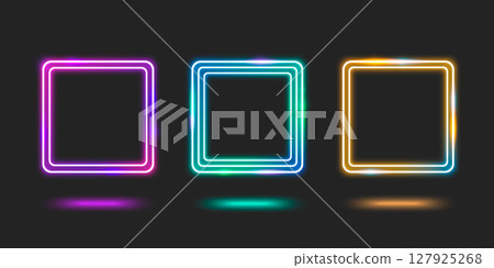 Neon square frame set glowing on dark background 127925268