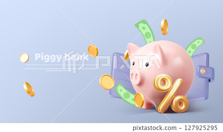 Pink 3d piggy bank with money 127925295