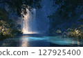 A glowing waterfall on a starry night, with a magical bioluminescent glow 127925400