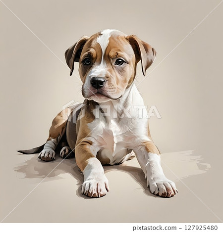 Amstaff puppy stretching and lying down 127925480