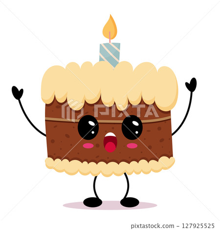 Cute kawaii chocolate cake slice with smiling face and candle Cute kawaii chocolate cake slice with smiling face and candle 127925525