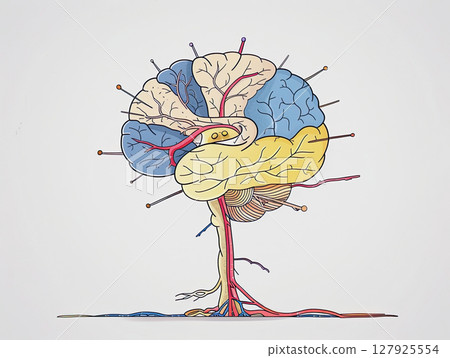 colorful, artistic illustration of human brain side view, showcasing different regions with distinct colors and labeled with pins. design highlights brain anatomy creative and educational way. colorful, artistic illustration of human brain side view, showcasing different regions with distinct colors and labeled with pins. design highlights brain anatomy creative and educational way. 127925554