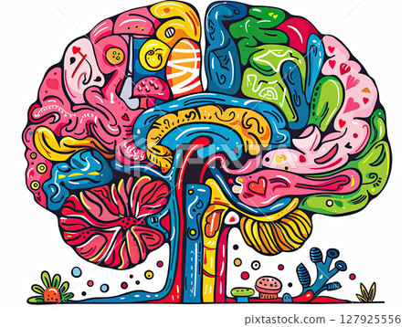 vibrant illustration of human brain filled with colorful abstract patterns, shapes, and symbols representing creativity, imagination, and artistic expression. vibrant illustration of human brain filled with colorful abstract patterns, shapes, and symbols representing creativity, imagination, and artistic expression. 127925556
