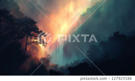 A mysterious waterfall decorated with fiery rays and rainbows A mysterious waterfall decorated with fiery rays and rainbows 127925586