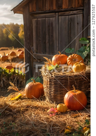 Rustic Autumn Scene with Hay Bales, Pumpkins and Sunflowers 127925587