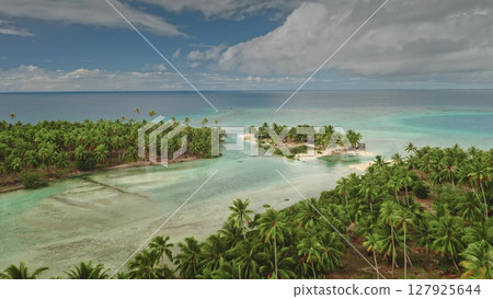 A breathtaking view captures a tropical island's shoreline, surrounded by turquoise waters and vibrant green palm trees. The peaceful atmosphere highlights nature's beauty at a serene location. A breathtaking view captures a tropical island's shoreline, surrounded by turquoise waters and vibrant green palm trees. The peaceful atmosphere highlights nature's beauty at a serene location. 127925644
