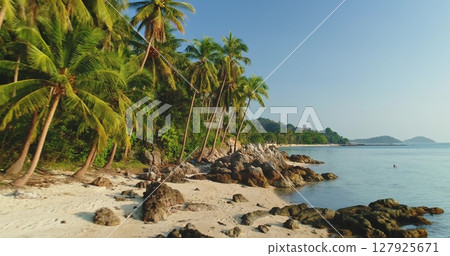 Lush palm trees are leaning over a rocky tropical beach with white sand in Koh Samui, Thailand, creating a serene and idyllic paradise scene Lush palm trees are leaning over a rocky tropical beach with white sand in Koh Samui, Thailand, creating a serene and idyllic paradise scene 127925671