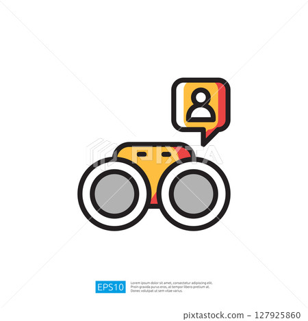 Minimalist Icon Of Binoculars With User Icon In Speech Bubble With Illustration of Data Insights in the Background 127925860