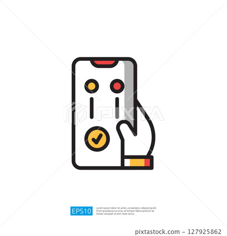 Hand Holding Mobile Phone With Colorful Interface Elements And Control Sliders on the Screen. A Stylized Illustration Hand Holding Mobile Phone With Colorful Interface Elements And Control Sliders on the Screen. A Stylized Illustration 127925862