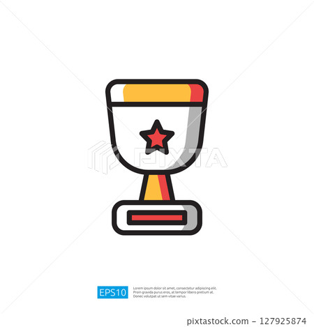 Minimalist Trophy Icon with Red Star on a White Backgrounds and other items related to an achievement and awards. 127925874