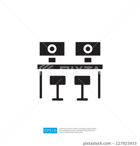 Minimalist Icon Of Two Desktop Computers On A Table With Two Chairs In Monochrome Style and Colors Scheme Design 127925933