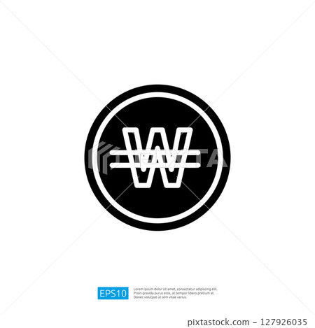 Stylized Icon of South Korean Won Currency Symbol in Black and White Circle with Horizontal Lines Representing Finance Stylized Icon of South Korean Won Currency Symbol in Black and White Circle with Horizontal Lines Representing Finance 127926035