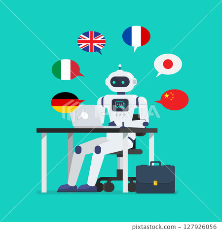 Android translator is working on a laptop computer at office desk. 127926056