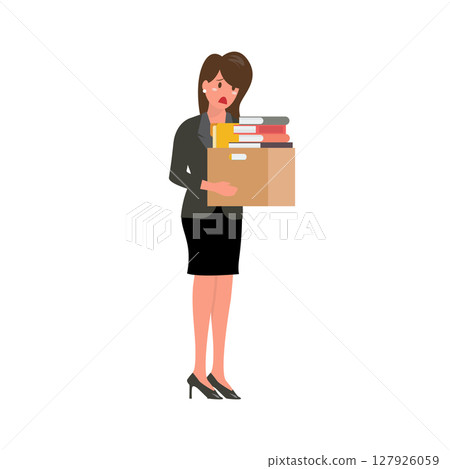 Fired office woman character worker holds box. 127926059