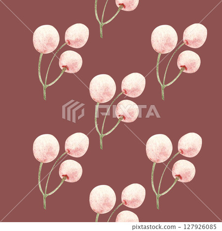 Pink berries on green stems seamless watercolor pattern on dark pink background. Hand-painted for use in textile prints, gift wrap, packaging design, branding, stationery, and seasonal decor 127926085