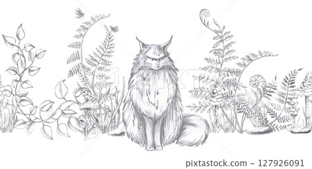 Seamless border with angry cat on fern background. Isolated pencil illustration on magical forest theme for interior design, Halloween cards, invitations, printing on clothes. Seamless border with angry cat on fern background. Isolated pencil illustration on magical forest theme for interior design, Halloween cards, invitations, printing on clothes. 127926091