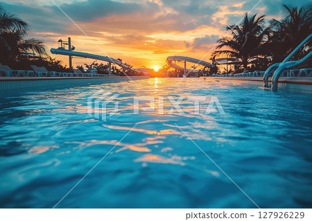 Close-up shot of a swimming pool in the evening in summer at a luxury hotel with a water park and palm trees. Generated by artificial intelligence 127926229
