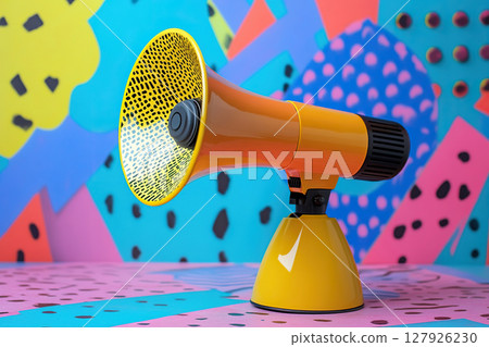 A bright stationary microphone or speaker stands on a table with a bright pop art background. Advertising, announcement, sale concept. 127926230