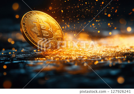 A gold bitcoin coin stands on its edge on the asphalt against a golden bokeh background. Space for text. 127926241