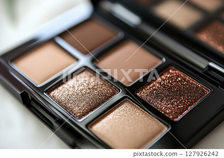 Eyeshadow palette in natural brown shades with shimmer. 127926242