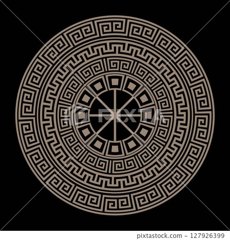 Vector round golden classic pattern frame plate. Greek round frame. Greek pattern. Greek meander. Patterns of Greece, ancient Rome. Circle european border. Typical egyptian, assyrian, greek motives 127926399