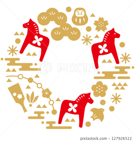 日式相框和背景。也可用於新年賀卡的日式插圖。日本現代插圖。 127926522