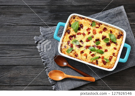 twice baked potato casserole in a baking dish twice baked potato casserole in a baking dish 127926546