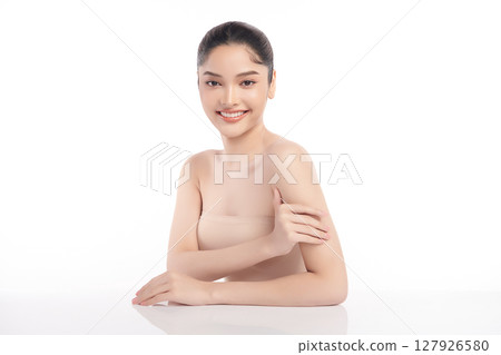 Beautiful Young transgender woman with clean fresh skin on white background, Face care, Facial treatment, Cosmetology, beauty and spa, transgender women portrait. 127926580