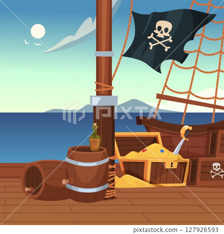 Pirate ship. authentic background with pirate flag and treasure on ship deck 127926593