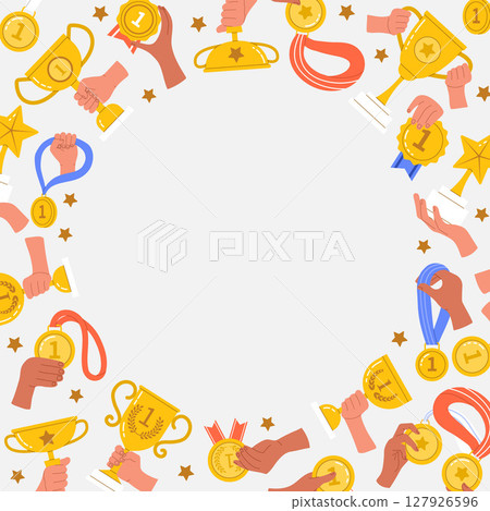 Golden cup background. awards collection in circle form with empty place in center for personal text 127926596
