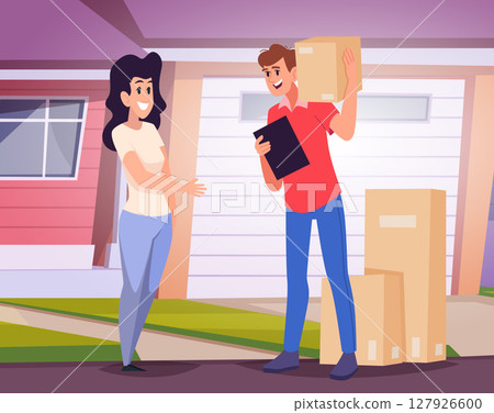 Courier with packages. background illustration with delivery service man Courier with packages. background illustration with delivery service man 127926600