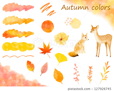 A set of cute autumn textures and illustrations painted in watercolor A set of cute autumn textures and illustrations painted in watercolor 127926745