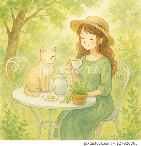 Woman and cat relaxing in the garden Woman and cat relaxing in the garden 127926763