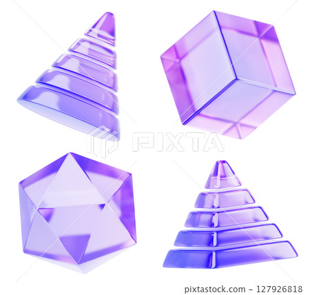 3d set of glass holographic geometric shape - cone, cube, pyramid and polygon render icon. Abstract transparent figure with hologram gradient texture, isolated crystal glossy object. 3D illustration 3d set of glass holographic geometric shape - cone, cube, pyramid and polygon render icon. Abstract transparent figure with hologram gradient texture, isolated crystal glossy object. 3D illustration 127926818