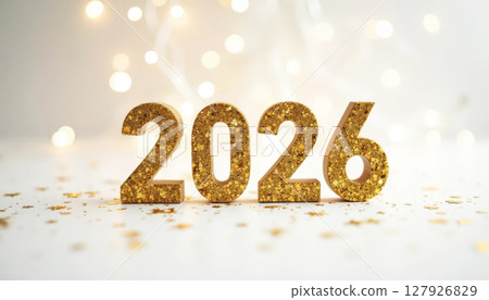 Sparkling gold 2026 on white with festive bokeh lights. Ideal for New Year, celebrations, and future themes. 127926829