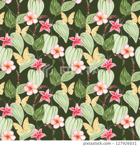 Branch of Kampot pepper plant with heart-shaped green leaves and peppercorns. Hand-painted watercolor on dark green background. Perfect for packaging, culinary design, branding, or eco labels Branch of Kampot pepper plant with heart-shaped green leaves and peppercorns. Hand-painted watercolor on dark green background. Perfect for packaging, culinary design, branding, or eco labels 127926831