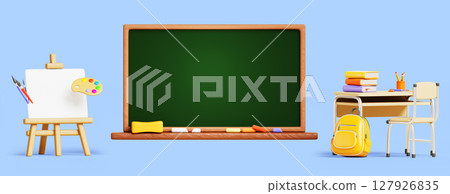 3d school interior set, classroom furniture with blackboard, student desk, chair, backpack, books, stationery, easel with canvas, paint, brush for painting class, cartoon render icons. 3D illustration 3d school interior set, classroom furniture with blackboard, student desk, chair, backpack, books, stationery, easel with canvas, paint, brush for painting class, cartoon render icons. 3D illustration 127926835