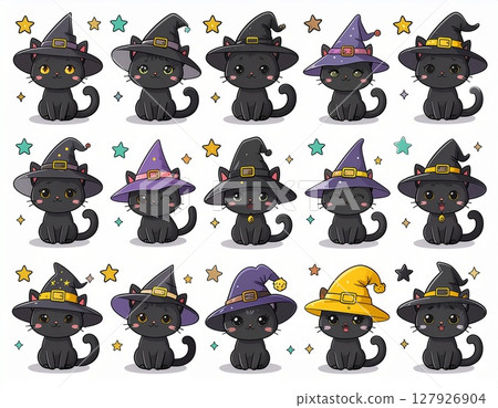 Cute wizard black cat Halloween illustration set 127926904