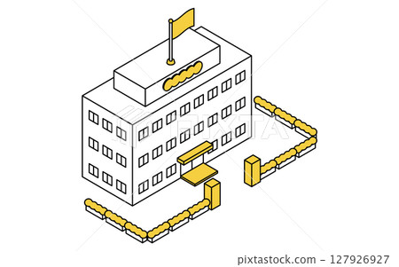 Simple line drawing isometric illustration of a public service building, government office raising the national flag 127926927