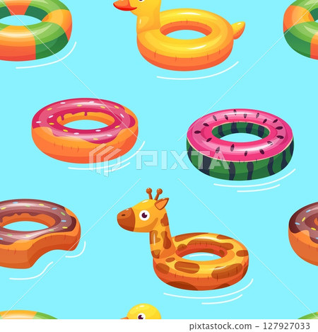 Rubber rings seamless pattern. Summer beach accessories, inflatable circles different shapes. Bright print for fabric wrapping wallpaper, nowaday vector background 127927033