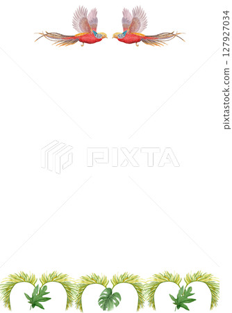 Tropical birds with palm leaves watercolor vertical frame on white background. Hand-painted perfect for stationery, fabric prints, summer projects, cards. Golden pheasant. Horizontal. Flying standing 127927034