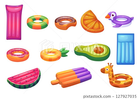 Rubber swimming mattress. Funny swim rings, penguin, giraffe, ice cream, donut and watermelon slice. Cartoon beach accessories nowaday vector set 127927035