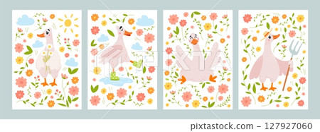 Floral goose cards. Cartoon geese with flowers and garden tools, walking on puddle in rubber boots. Funny covers design with birds, classy vector set Floral goose cards. Cartoon geese with flowers and garden tools, walking on puddle in rubber boots. Funny covers design with birds, classy vector set 127927060