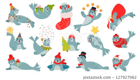 Christmas seals characters. Funny baby seal in gift sock, wear santa hat and hold gift box. Winter holidays children mascots, classy vector clipart Christmas seals characters. Funny baby seal in gift sock, wear santa hat and hold gift box. Winter holidays children mascots, classy vector clipart 127927062